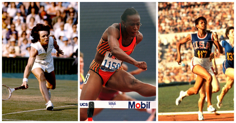 Wilma Rudolph, Billie Jean King, and Jackie Joyner-Kersee playing sport games in courts